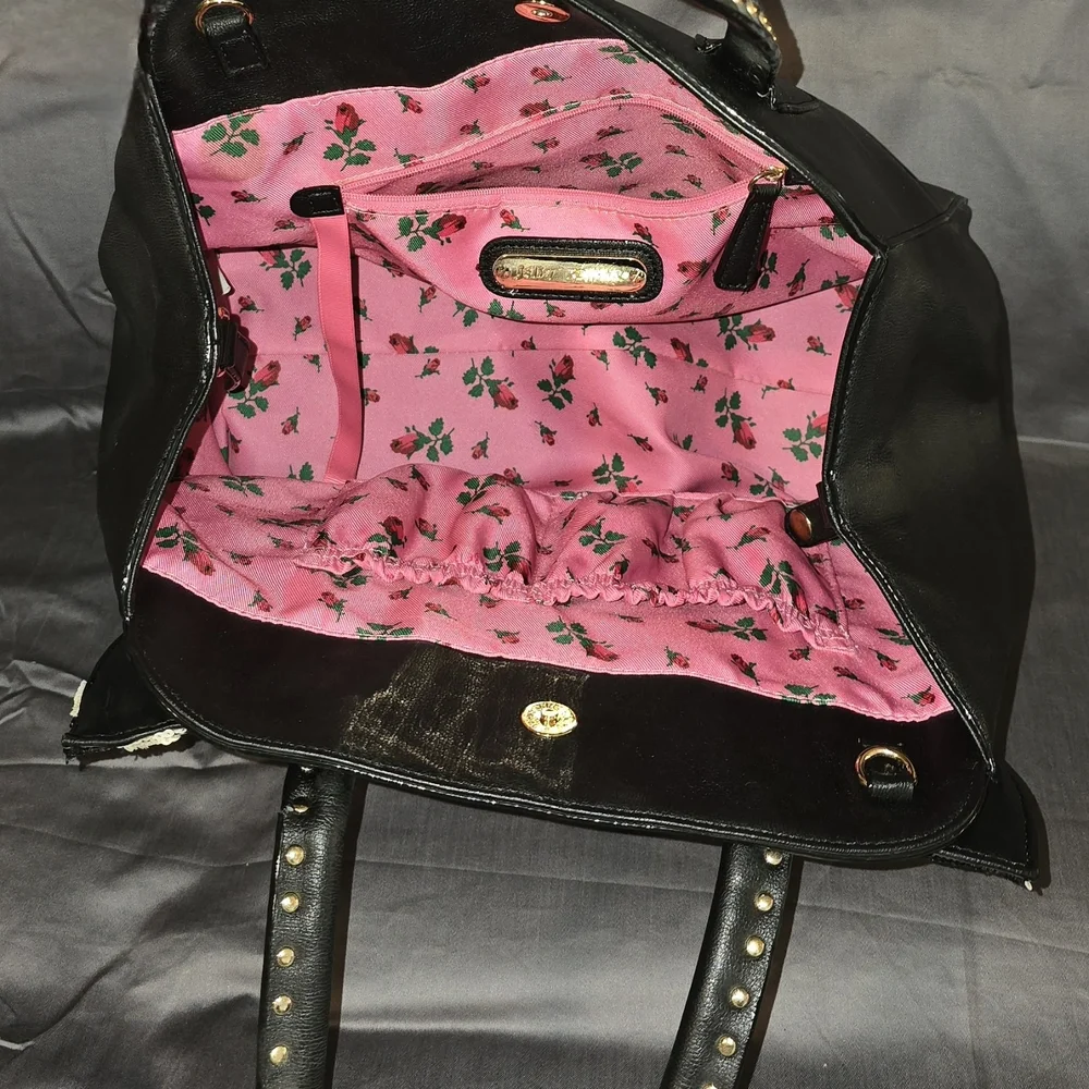 Betsey Johnson Black Satchel with White Polka Dot Bow - Picture 3 of 3